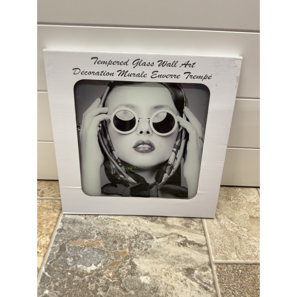 Tempered Glass Wall Art Black White Fashion Portrait Sunglasses 12x12 Modern